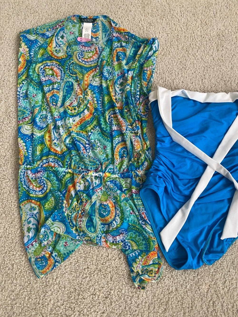 Ralph Lauren Blue White Paisley Swim Coverup & Royal Blue One-Piecesize6-8
